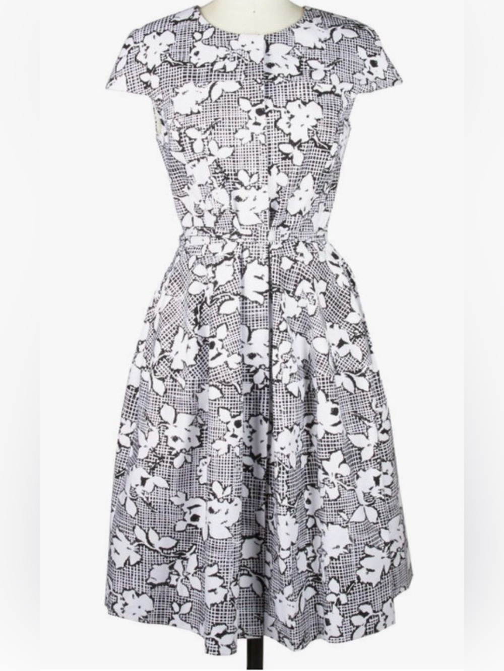 Oscar de la Renta Black and White Abstract Floral Midi Dress